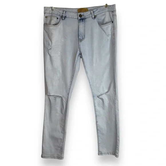 Platform Jeans Mens W36/L30 Slim Stretch Light Acid Wash Blue Denim Ripped Knees - Picture 3 of 9